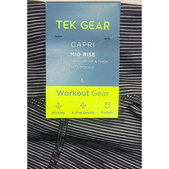 Tek Gear Capri Workout Pants Mid Rise L Black White Stripes 4-Way Stretch New - Picture 3 of 6